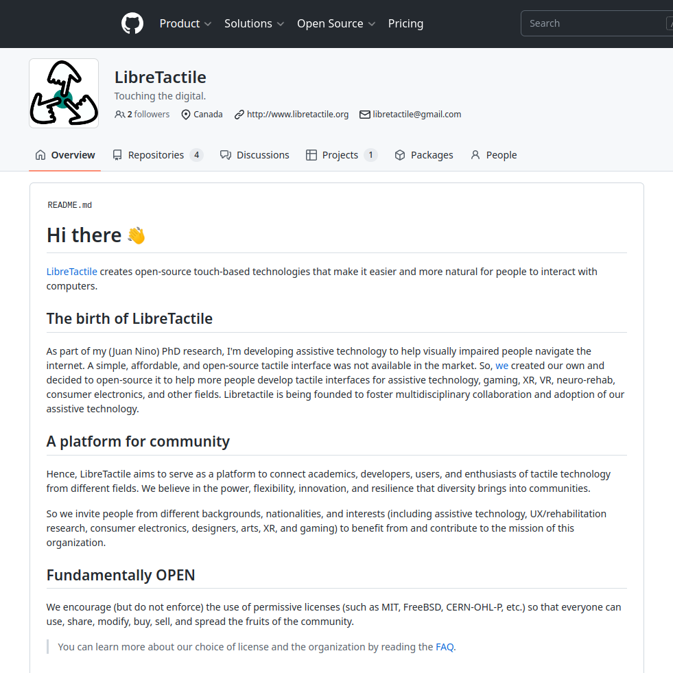 image of the LibreTactile page in GitHub