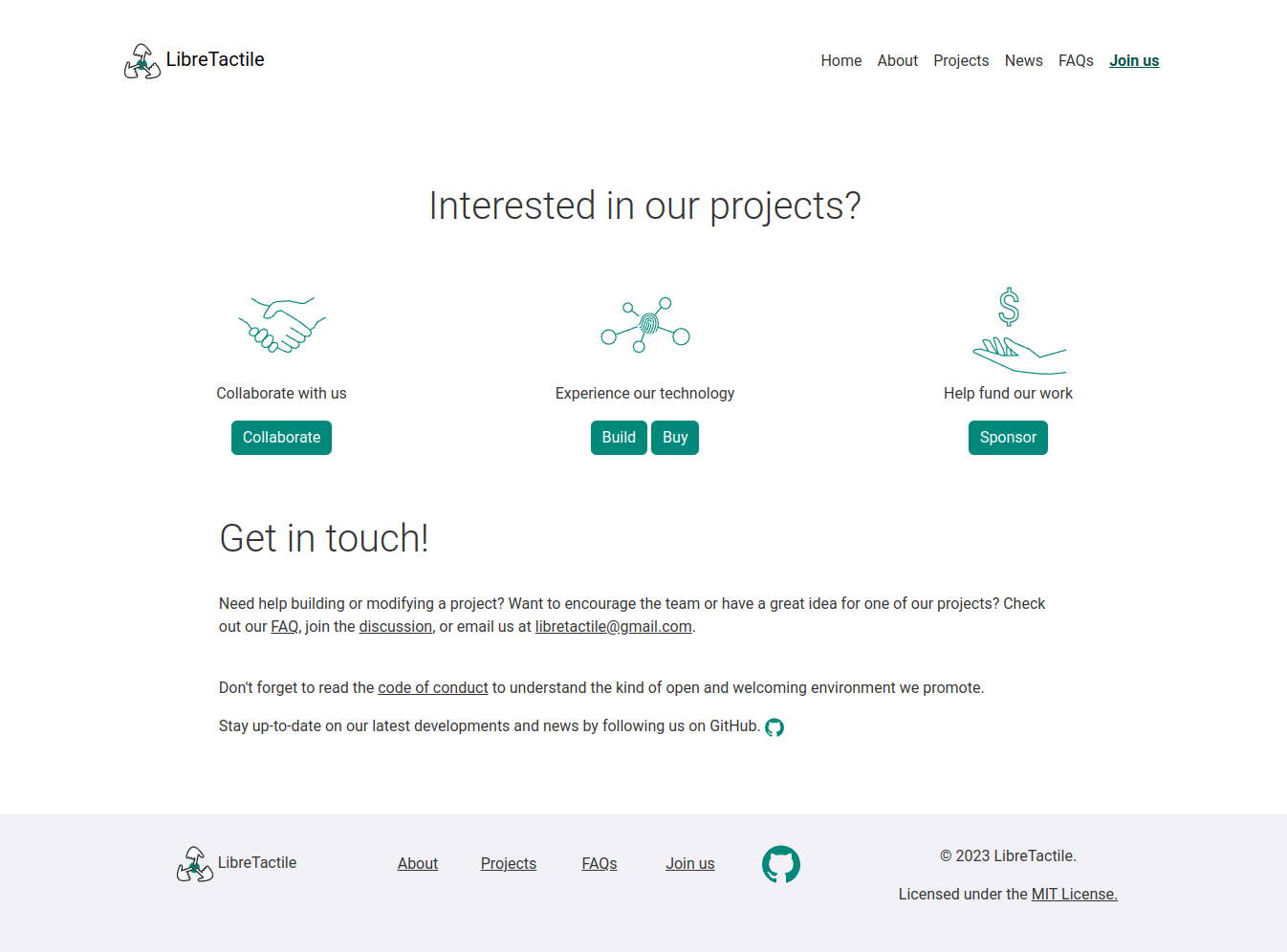 image of the contact page of LibreTactile